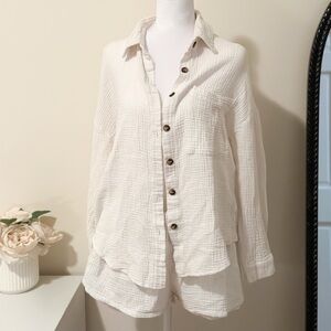White Linen-Look Two Piece Set | Button Down Shirt + Shorts | Size M| 100%cotton